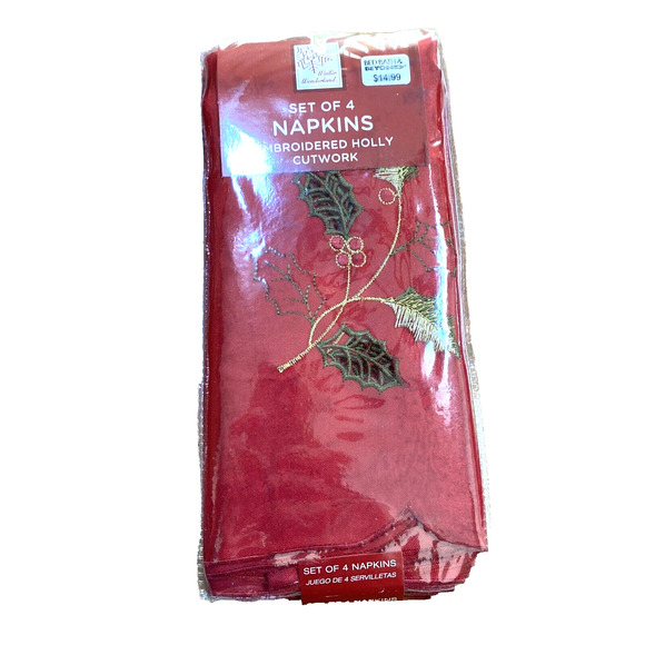 NEW Embroidered Christmas Holiday Cloth Napkins (4) Red Green Gold Holly Cutwork - Picture 1 of 7